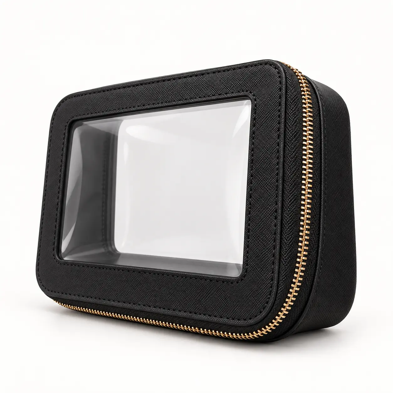 Angled view of black PU and clear PVC bag with gold zipper