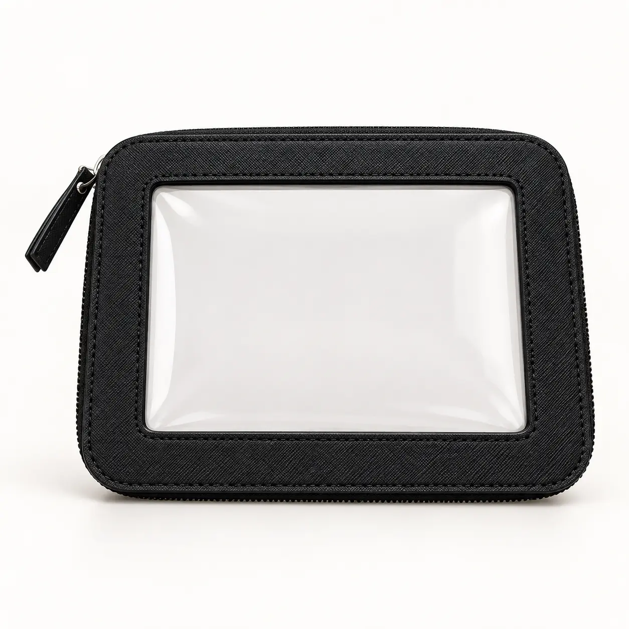 Front view of anonymous black PU and clear PVC cosmetic bag