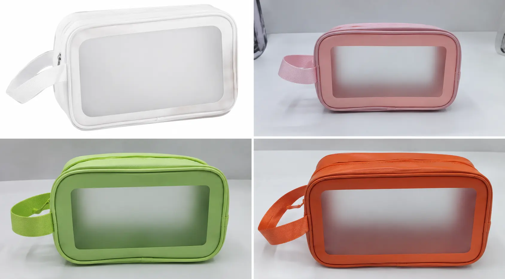 White, pink, green and orange custom PVC cosmetic bags produced for an anonymous UK client