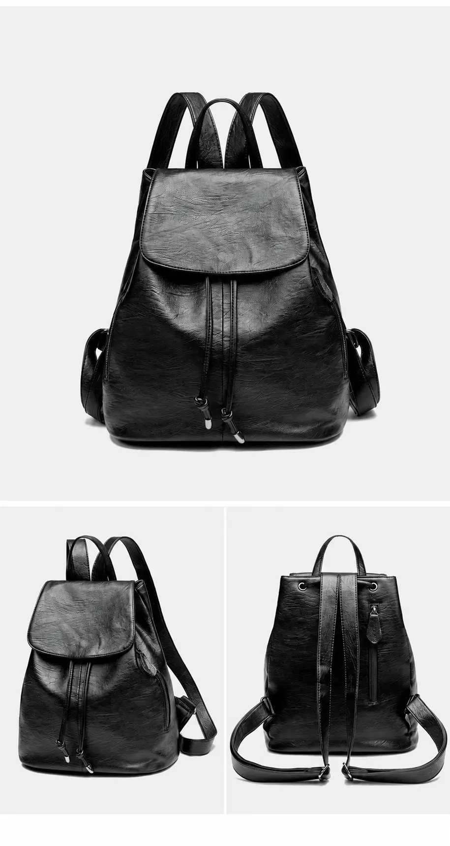 Front, angled and rear views of the black PU backpack